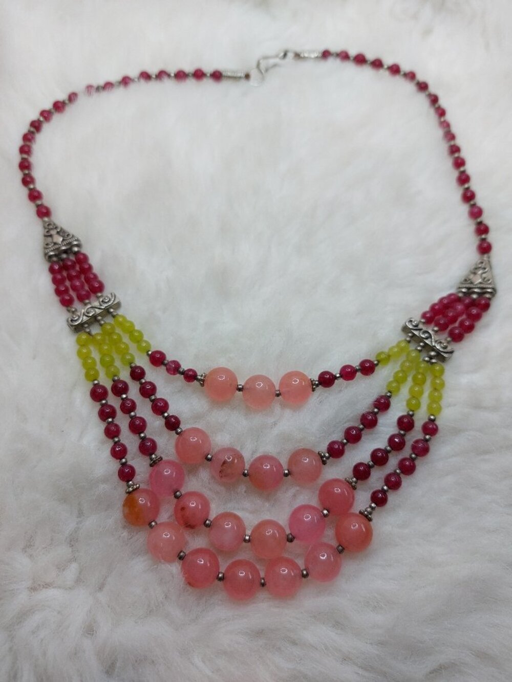 Vintage 4-Strand Gemstone Beaded Necklace with Pink & Chartreuse Beads